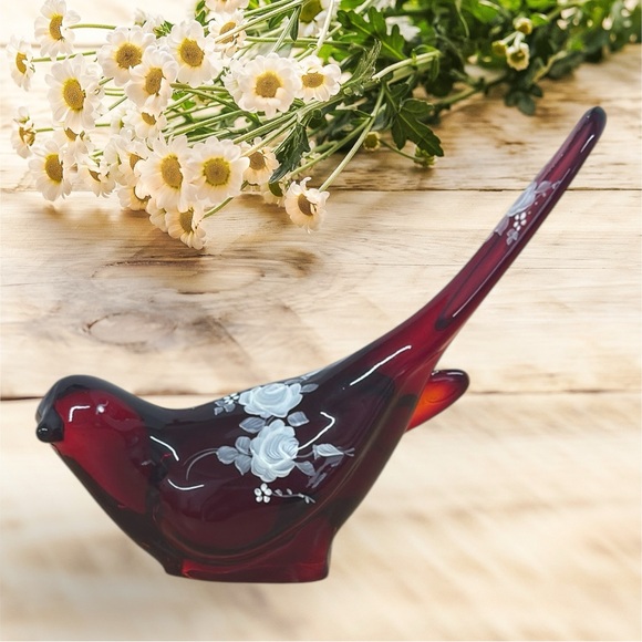 Vintage 80s Fenton Art Ruby Red Glass Bird of Happiness White Roses Hand Signed